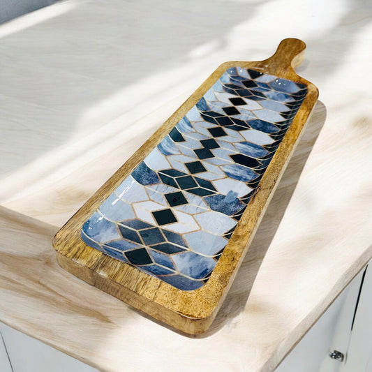 Meraki Contrast Geometric Elegance Mango Wood Long Platter - single