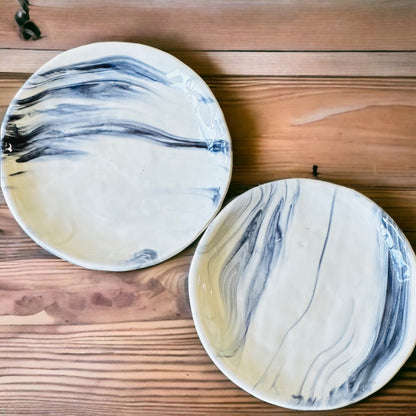 Marble-finish stoneware snack plates - set of two