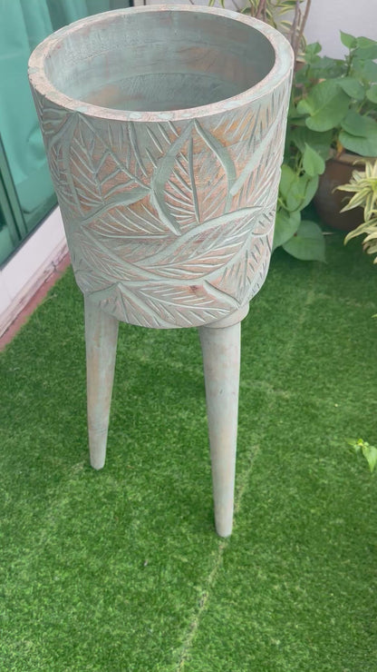 The Antique Verdigris Vessel Mango Wood Planter with detachable legs